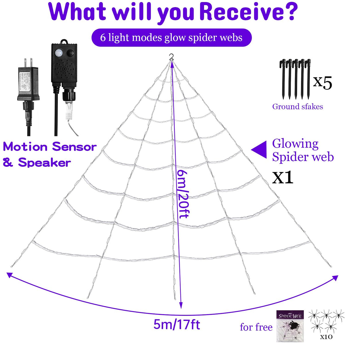 Sensor Triggered Spider Web Lights with 150 Purple LEDs and Eerie Sounds for Gutters and Lawns