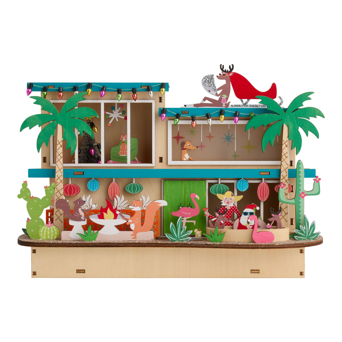 Mid Century Vacation House Light Up Decor in Laser Cut Wood with Timer for Holiday Displays