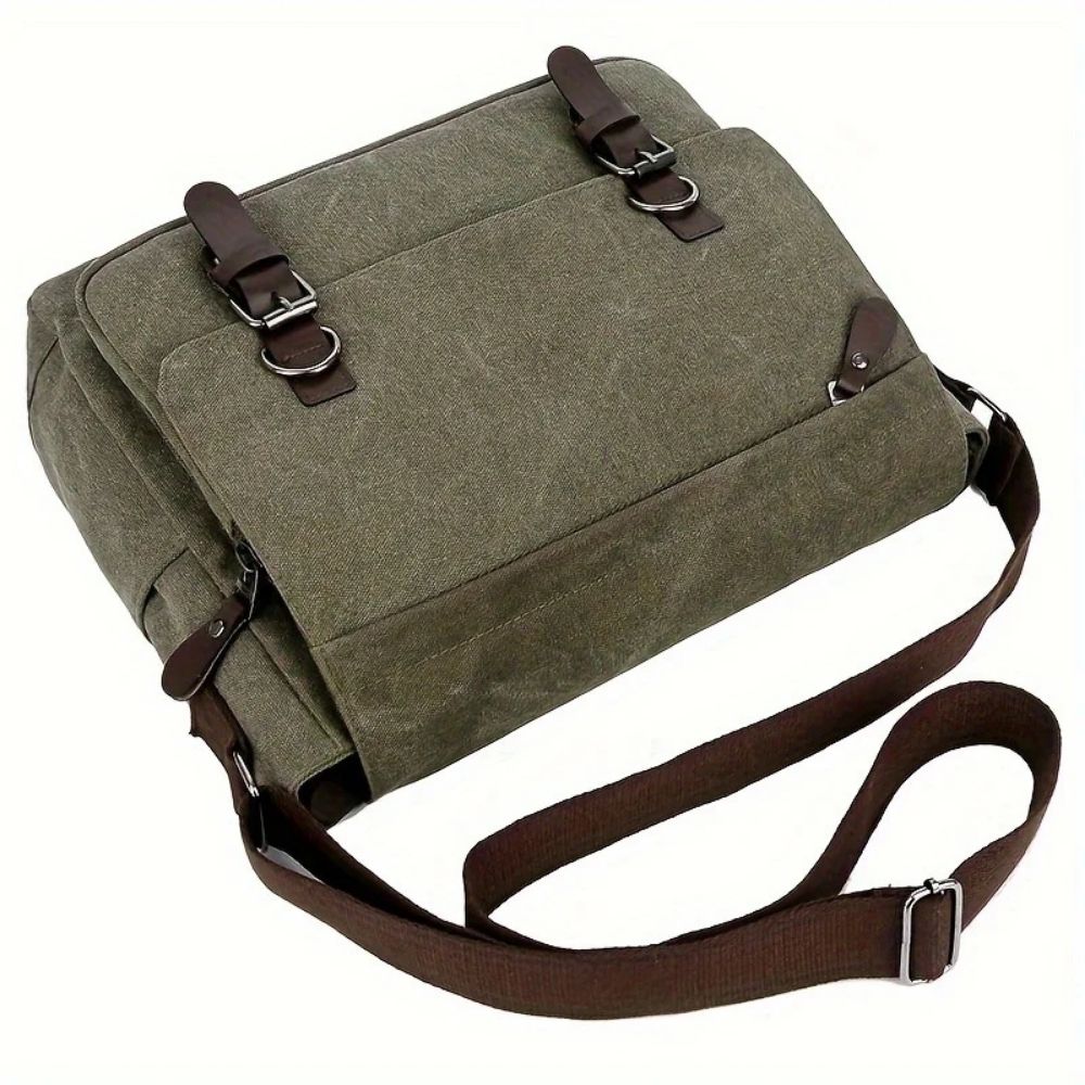 Mens Canvas Messenger Bag with Four Inner Pockets, Brass Buckles and Adjustable Strap in Five Colors