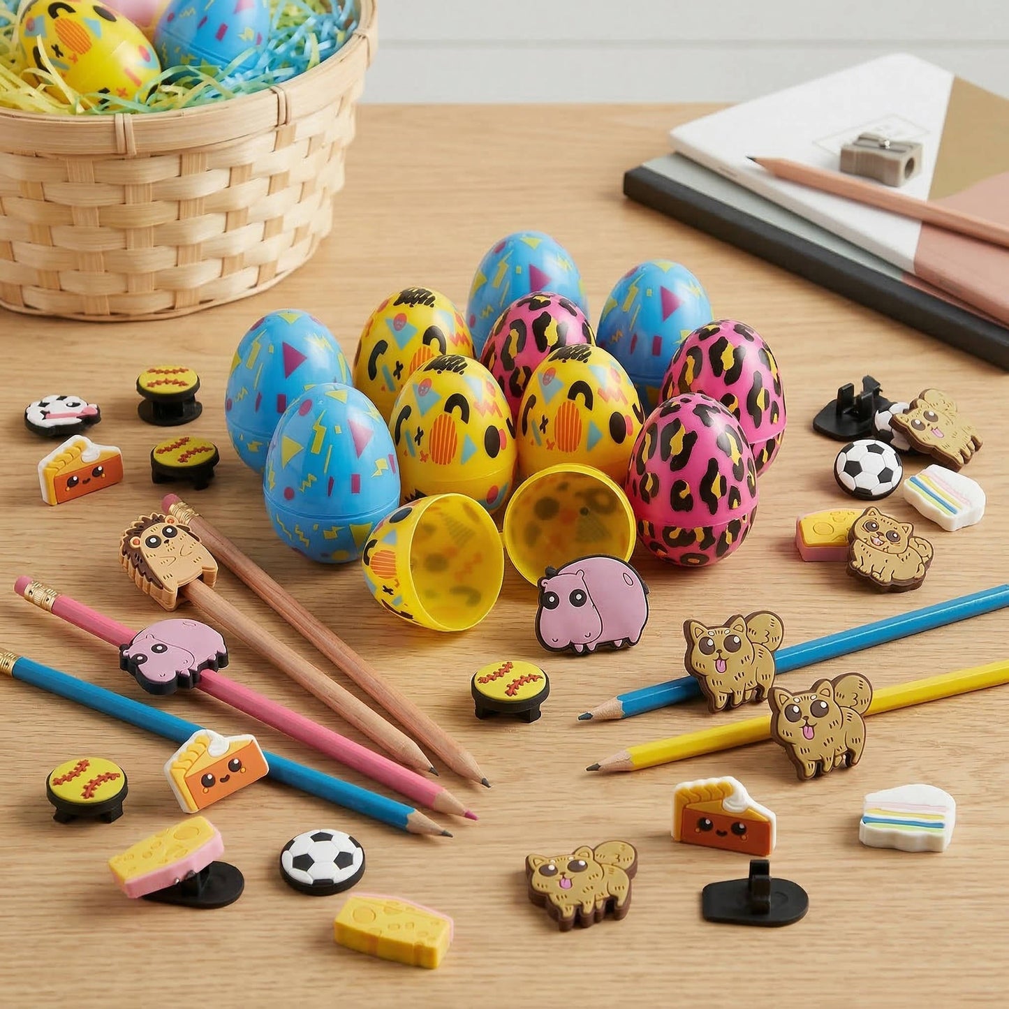 Pre Filled Easter Eggs with Pencil Charms, 24-Pack Hunt Fillers