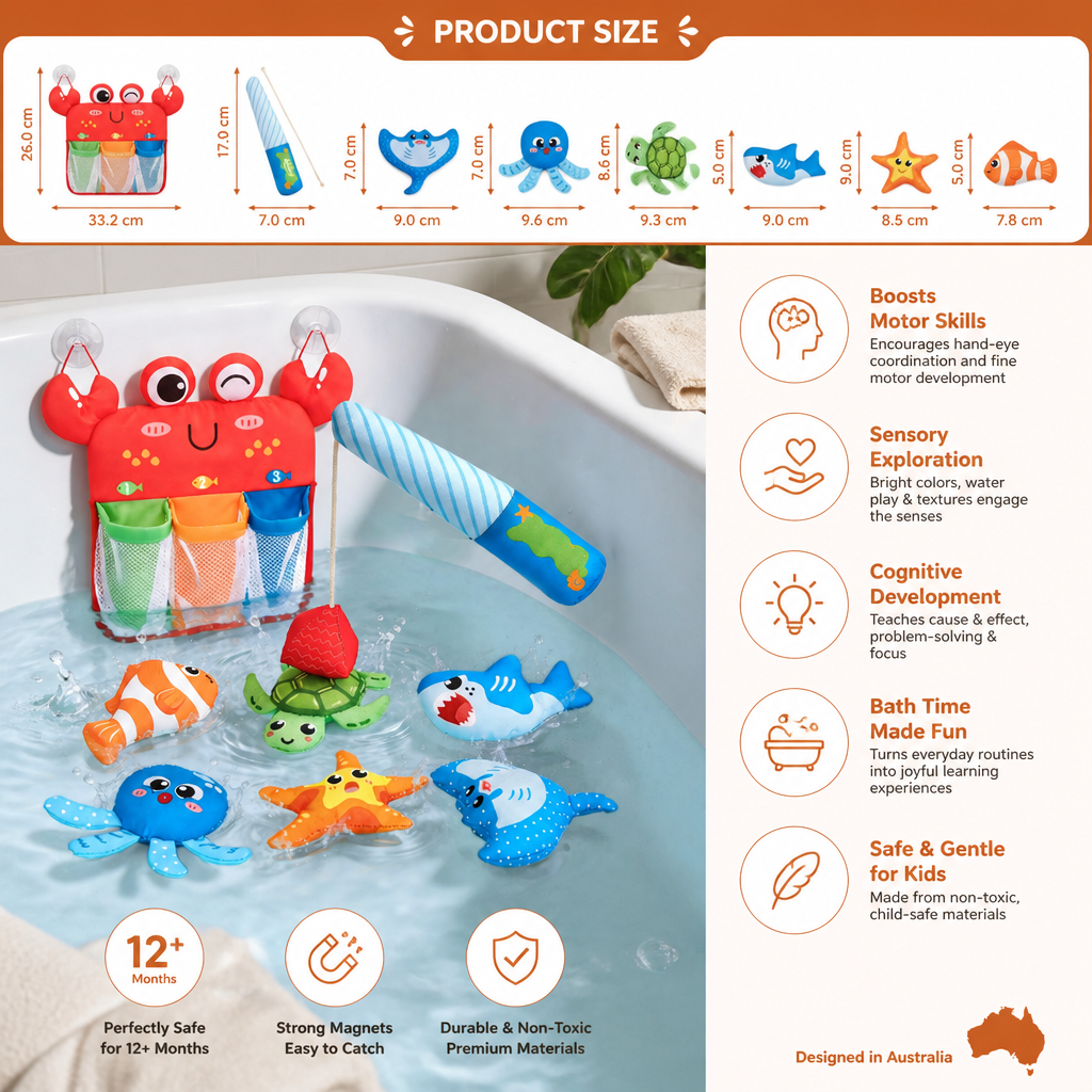 Magnetic Fishing Bath Toy Set with Sea Creatures and Storage Net