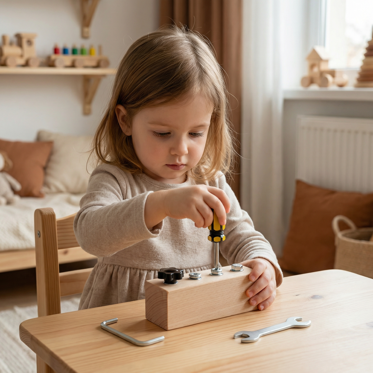 Wooden Screw and Nut Play Set for Twisting Matching and Sorting in Four Or Seven Piece Sizes