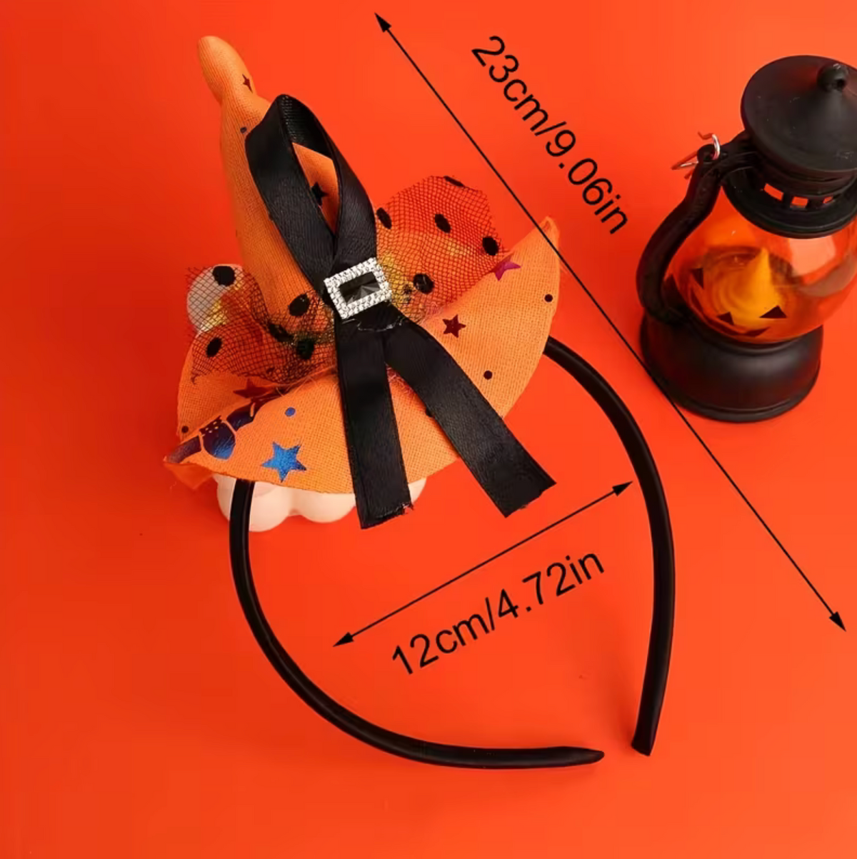 Orange Witch Hat Headband with Tiny Pointed Hat, Lace Trim, and Spider Web Design