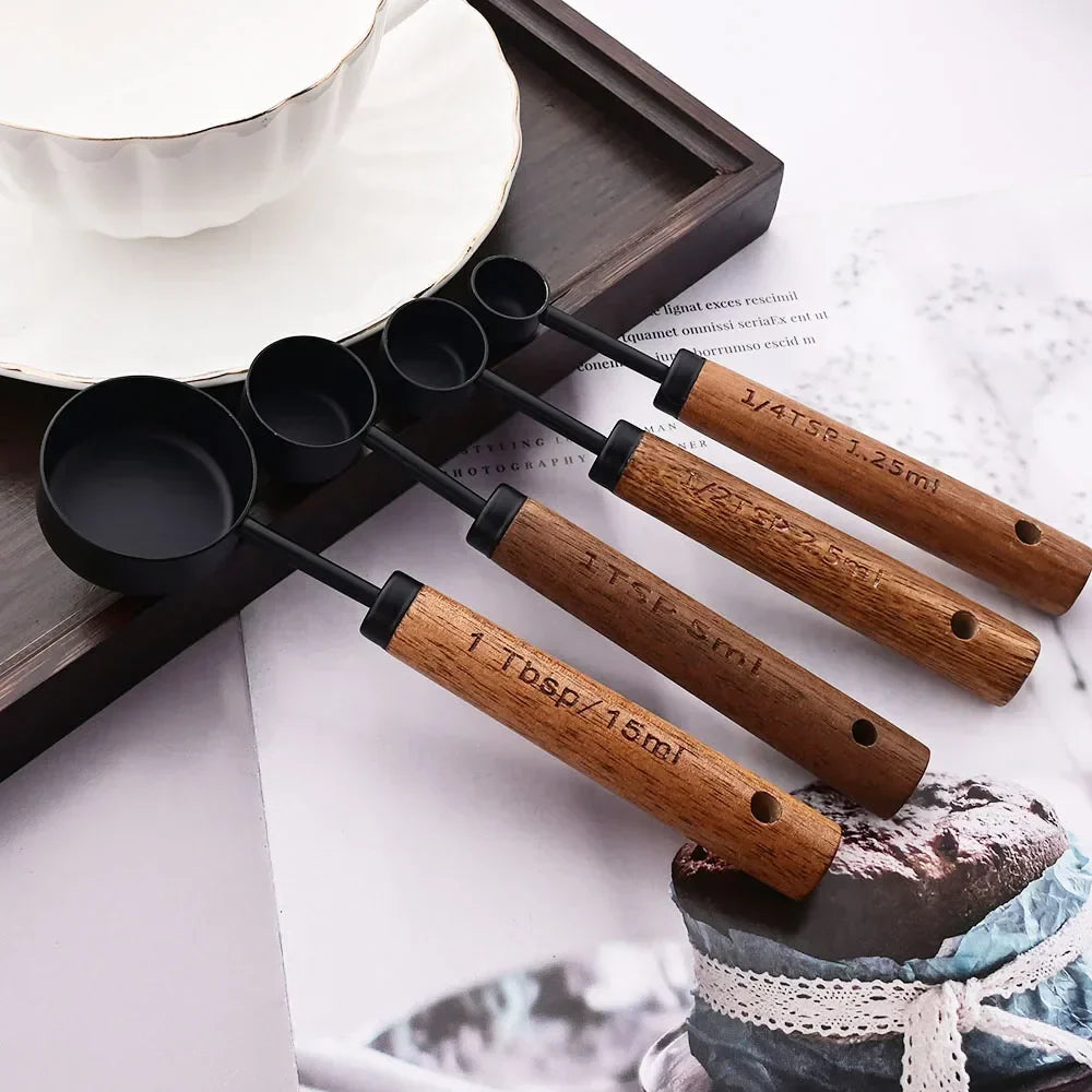 Measuring Cups and Spoons Set with Engraved Markings and Wooden Handles