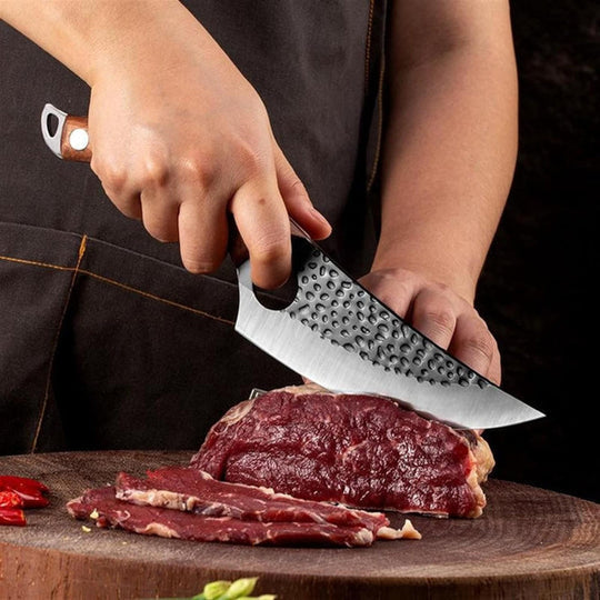 Handcrafted Kitchen Knife with Finger Hole and Cherry Wood Handle, Special Alloy Blade