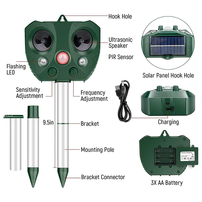 Ultrasonic Animal Repeller with Solar Charging and LED Flash, 5 Modes