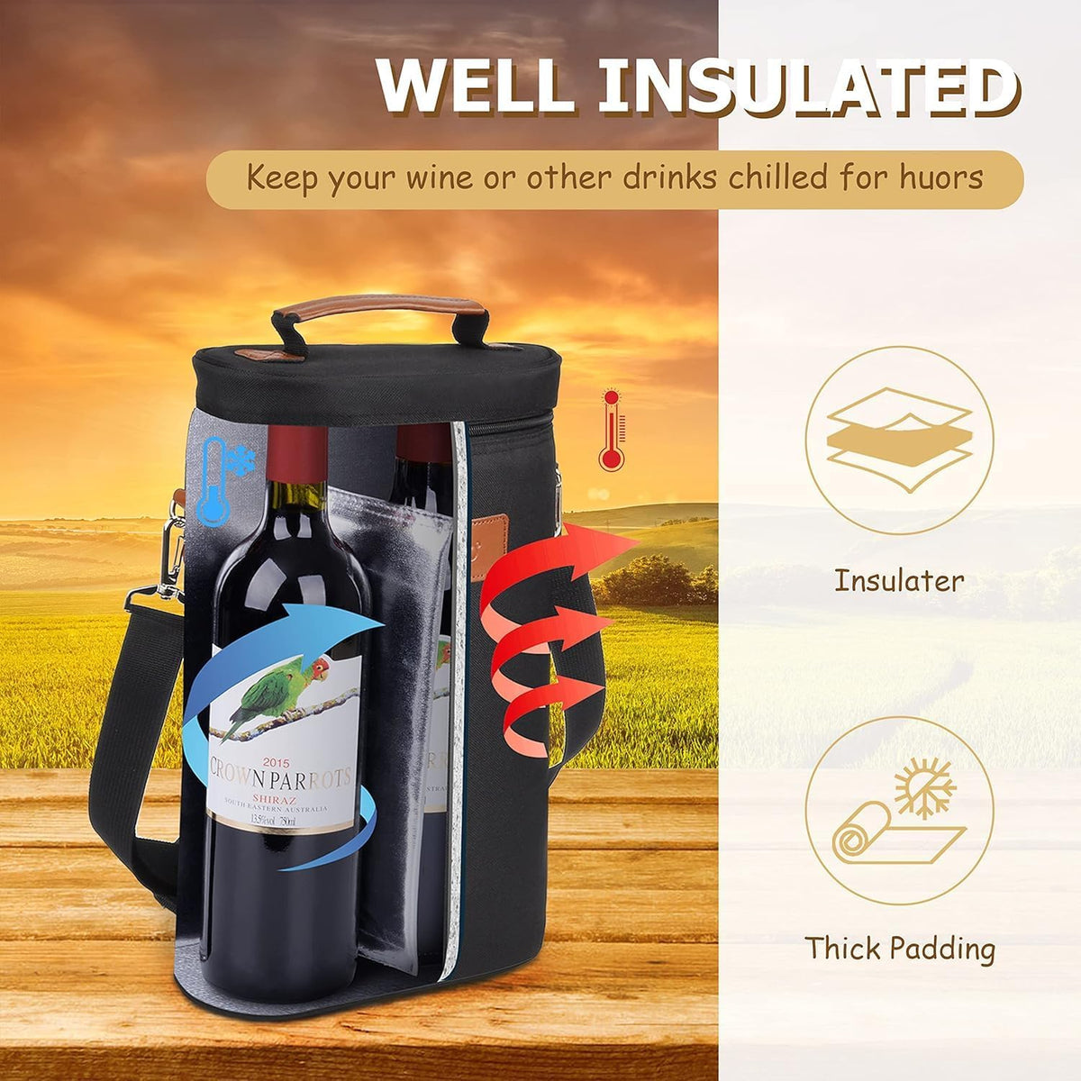 Insulated Wine Bottle Carrier with Padded Divider and Adjustable Shoulder Strap
