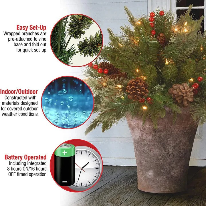 Pre-Lit LED Evergreen Urn Filler – Festive Holiday Decoration