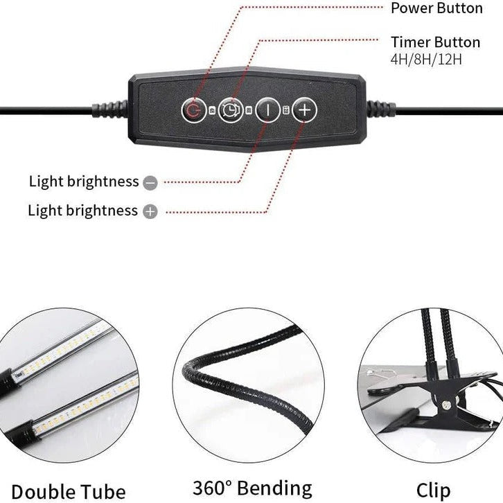 Clip On Plant Grow Light with Timer and Dual Gooseneck Arms for Indoor Use