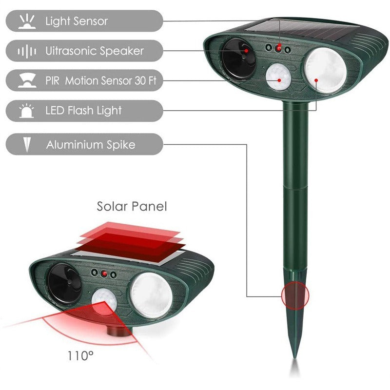 Motion Activated Ultrasonic Animal Repellent with Solar Power and Flashing Lights