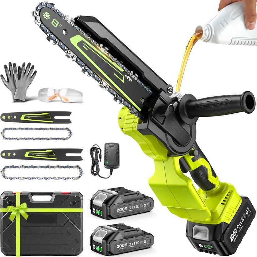 1000W Battery Powered Mini Chainsaw with 2 Batteries, 6 and 8 Inch Blade for Branch and Wood Cutting