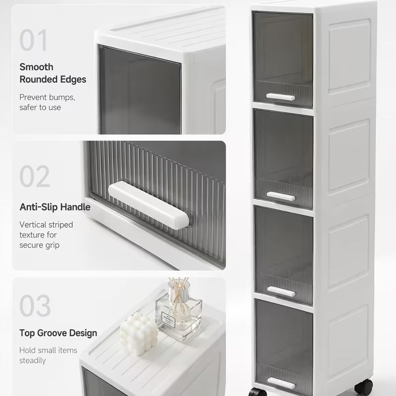 Rolling Narrow Storage Cabinet with Clear Doors for Bathroom and Closet