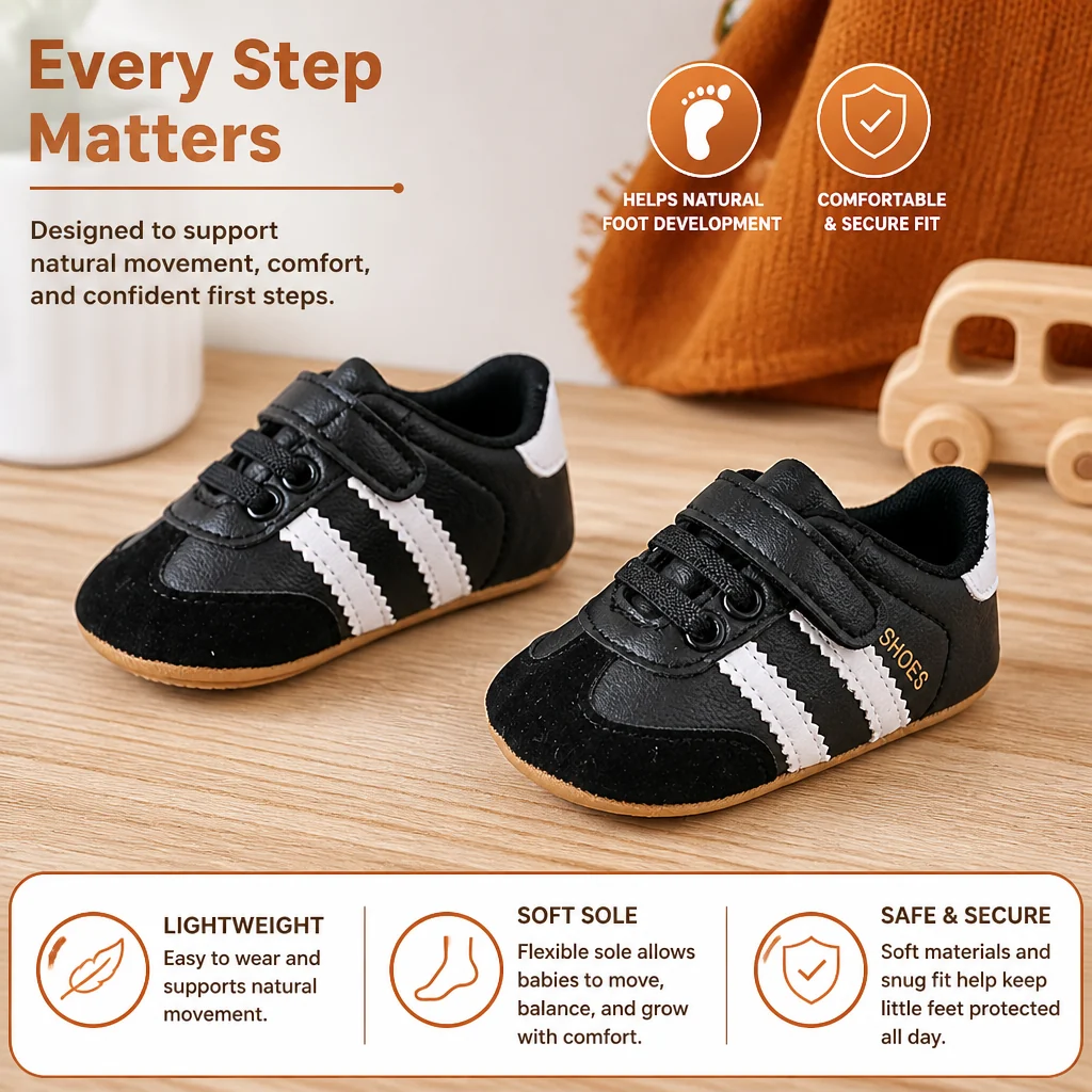 Flexible Sole Baby Sneakers with Hook Loop Fastening for New Walkers