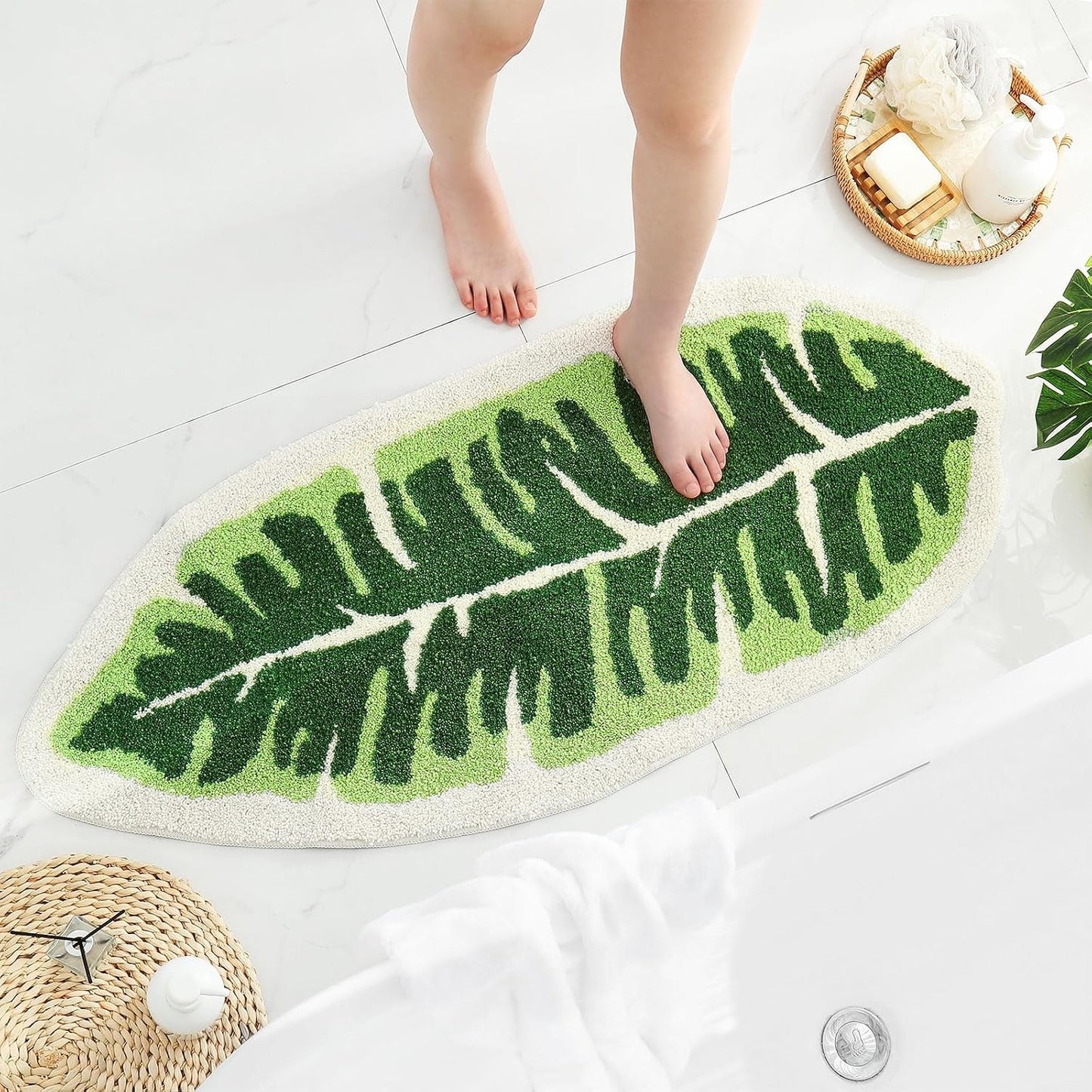Soft Leaf Pattern Floor Mat with Non Slip Backing and Machine Washable Care