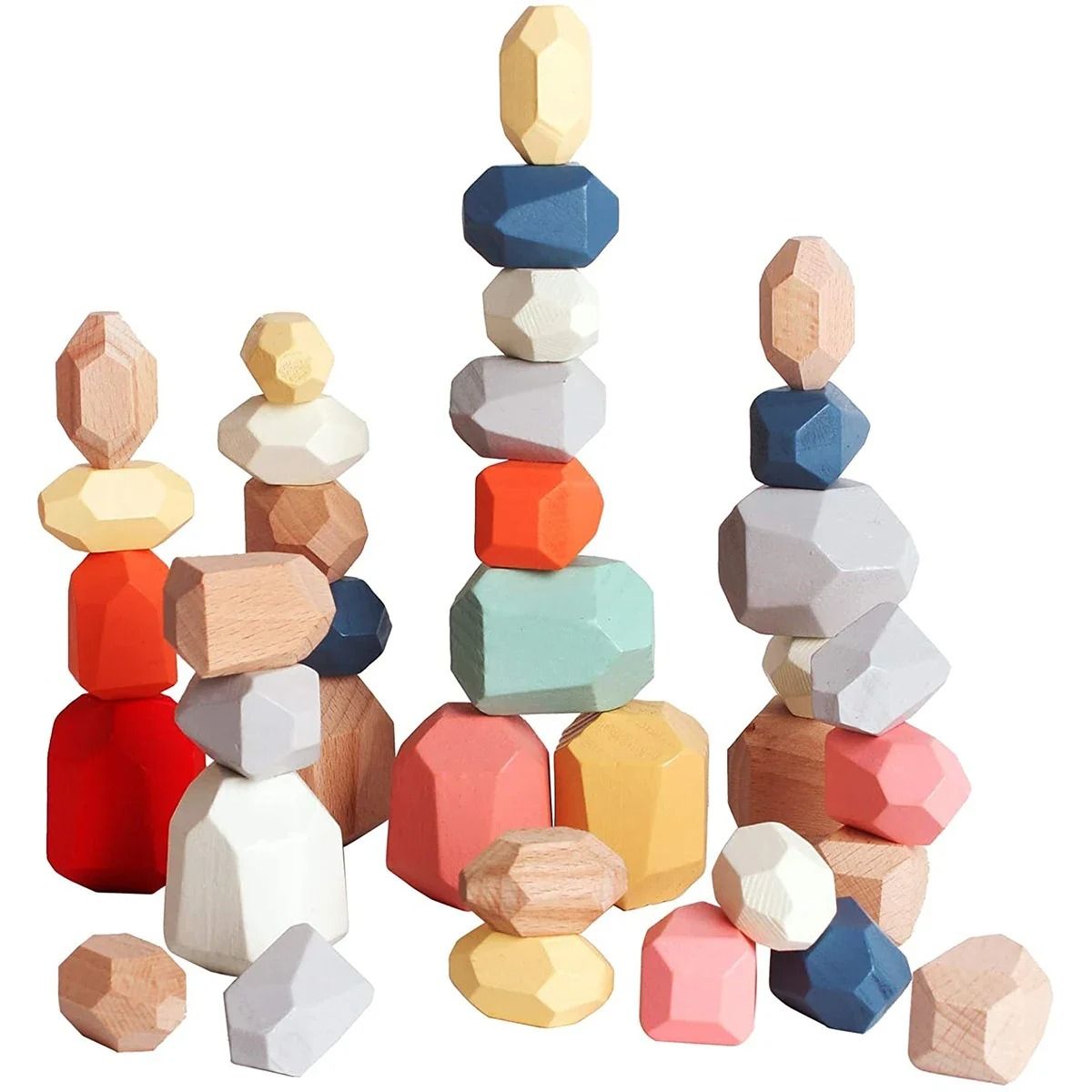 Set of 36 Colorful Wooden Stones in Odd Shapes for Stacking Towers and Testing Balance