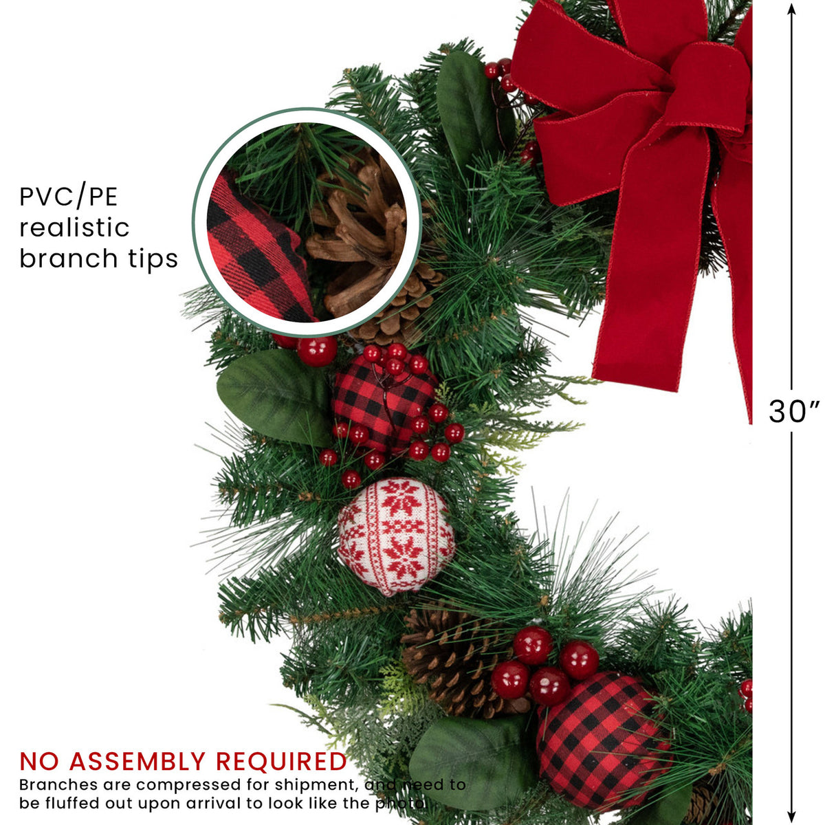 Plaid Ornament Holiday Wreath with Large Red Bow and Pine Cones 30 Inch