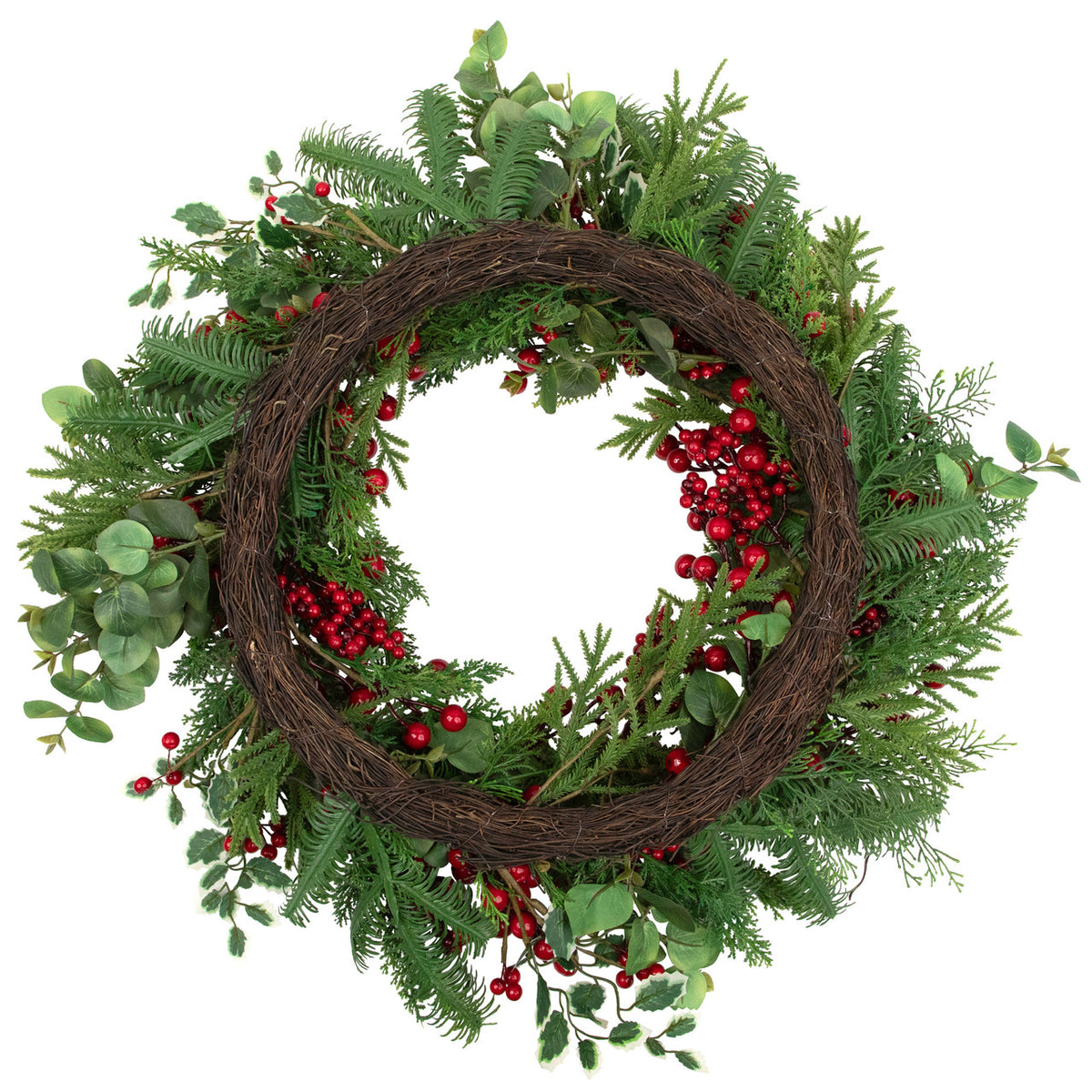 Cedar Eucalyptus and Pine Holiday Wreath with Grapevine Back 30 Inch