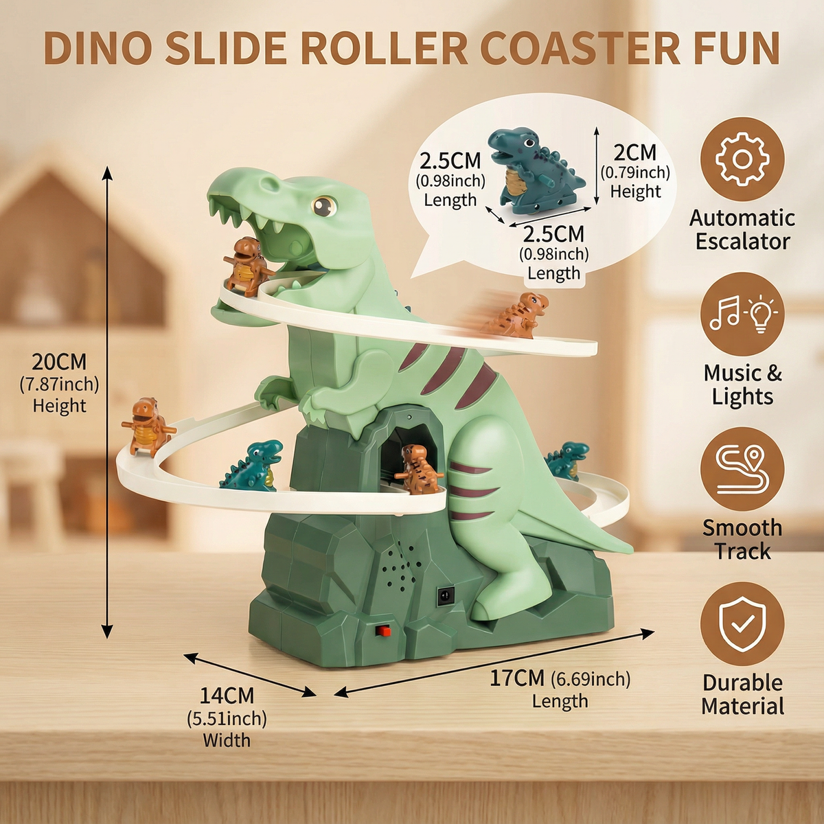 Colorful Dino Slide Roller Coaster Play Set for Kids Indoors and Outdoors