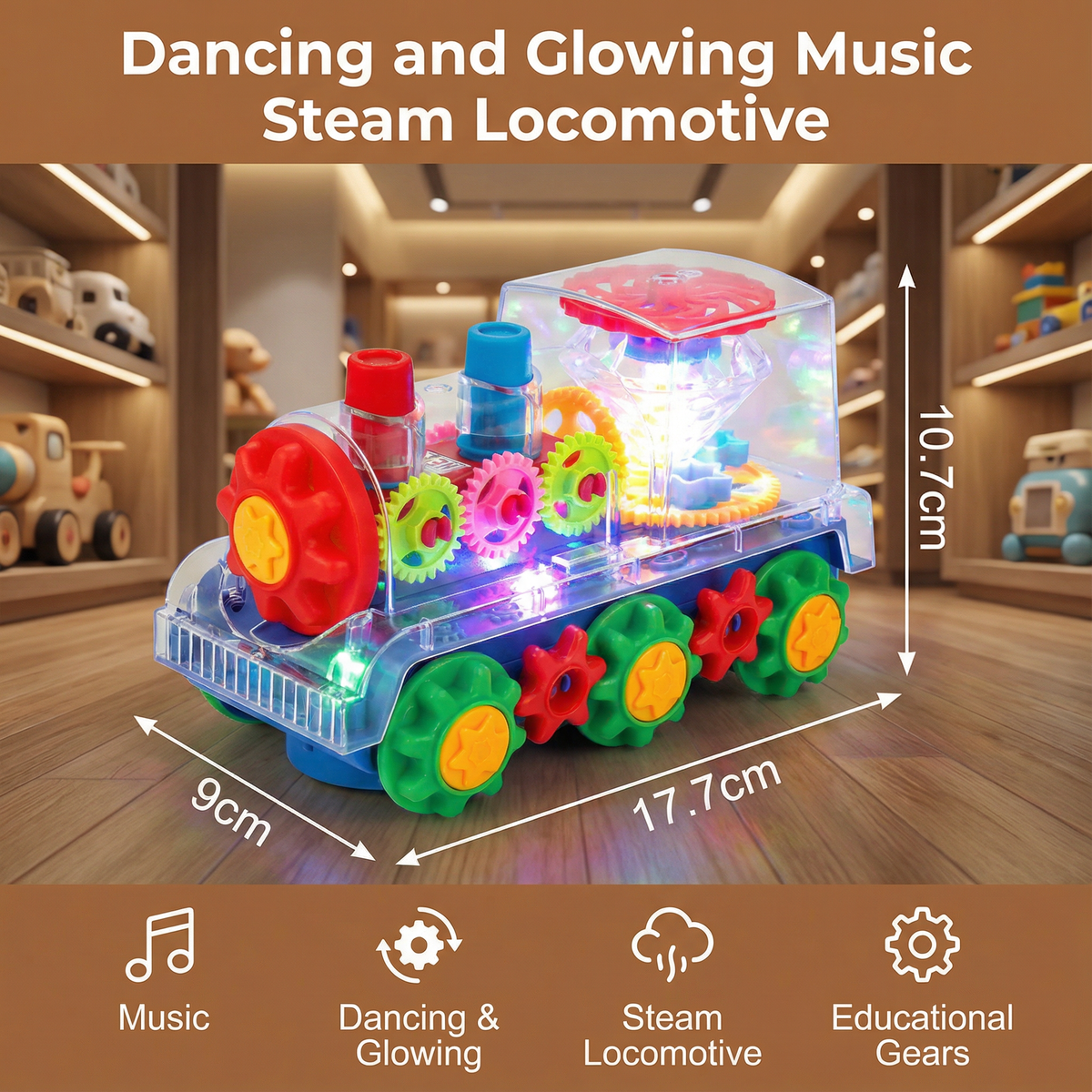 Dancing Musical Steam Train Toy with Glowing Lights, Water Vapor Steam, and Auto Motion