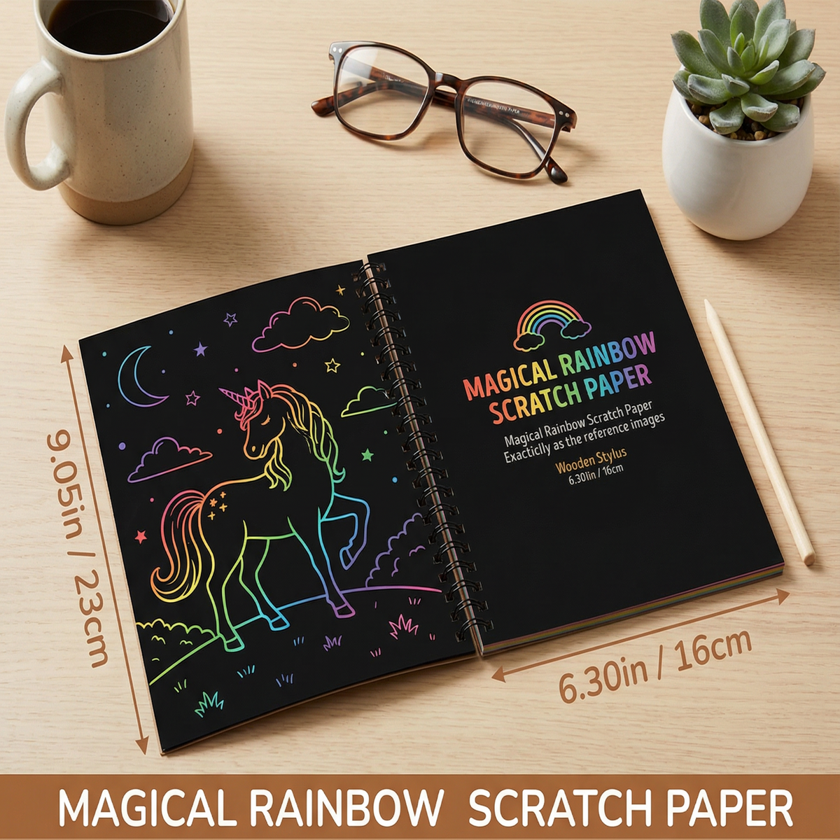Scratch Art Paper with Rainbow Reveal and Wooden Stylus, Multiple Sheets