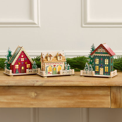 Trio of Wooden Folk Cottages with LED Glow and Timer for Snowy Holiday Displays