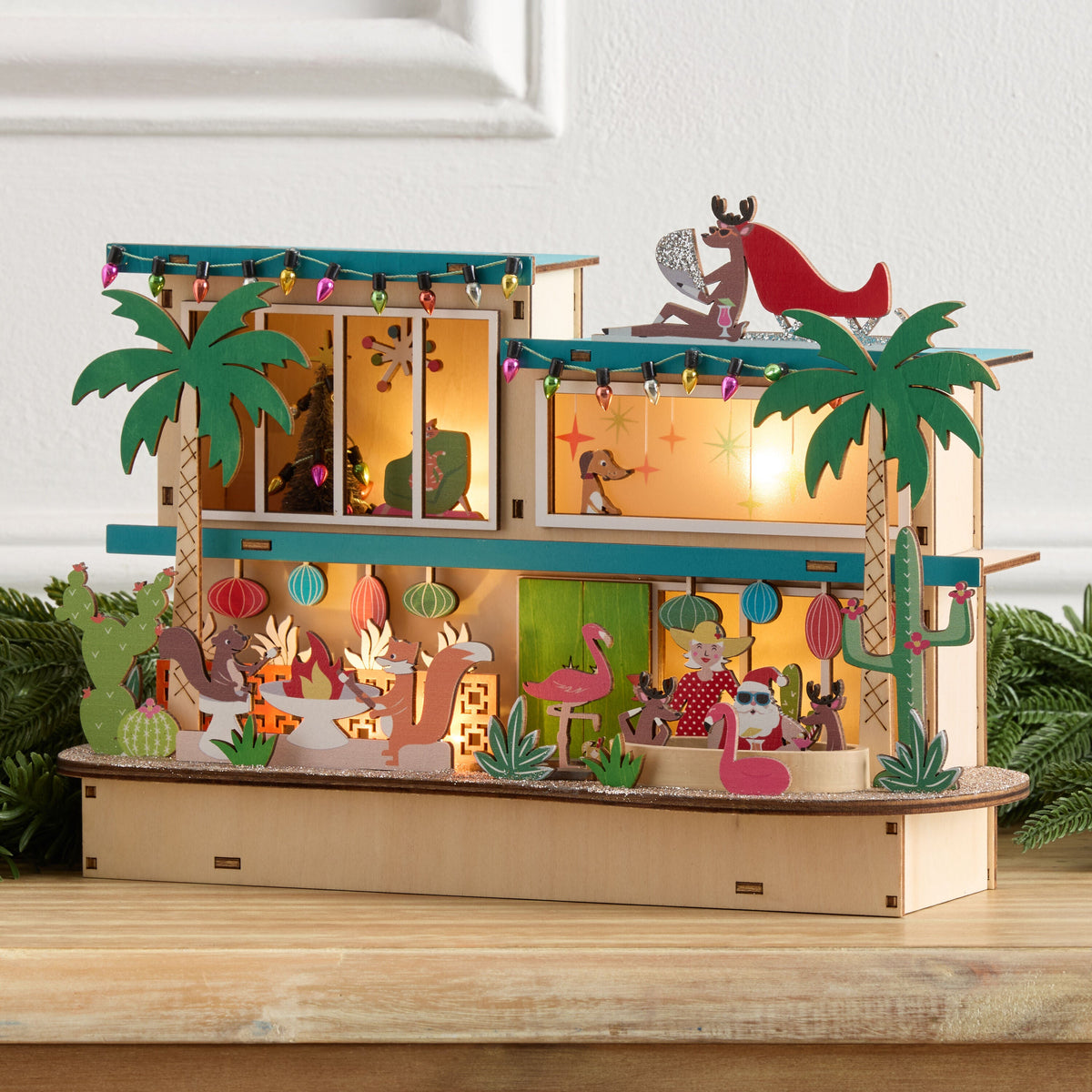 Mid Century Vacation House Light Up Decor in Laser Cut Wood with Timer for Holiday Displays
