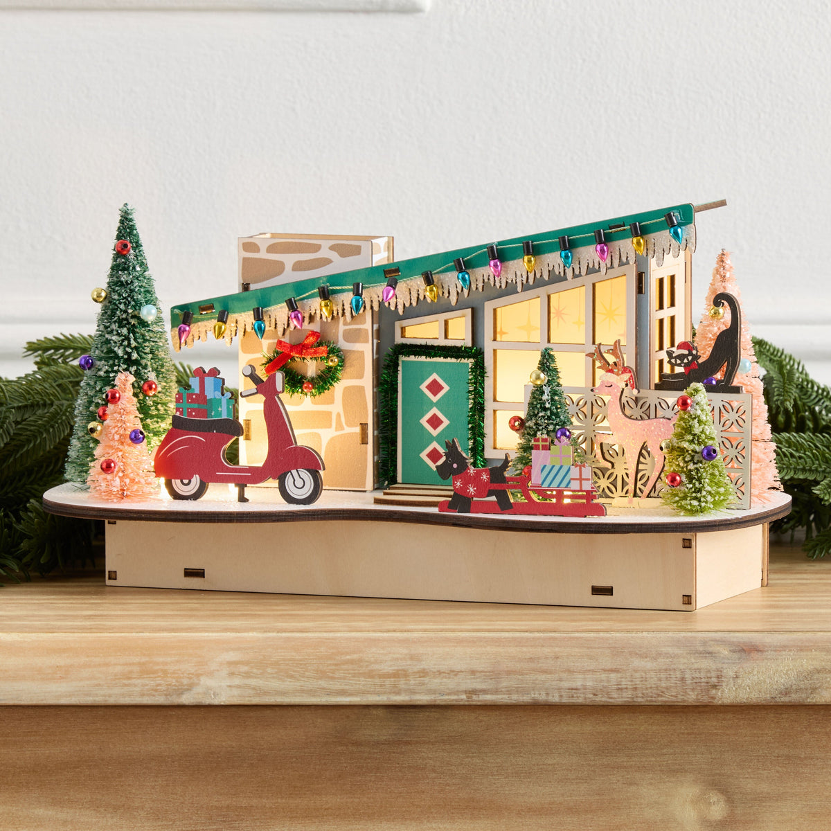 Sloped Roof Mid Century House with Cherry Red Scooter LED Decor and Timer for Christmas Shelves