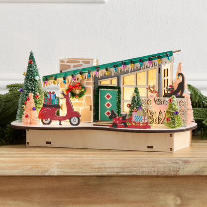 Sloped Roof Mid Century House with Cherry Red Scooter LED Decor and Timer for Christmas Shelves