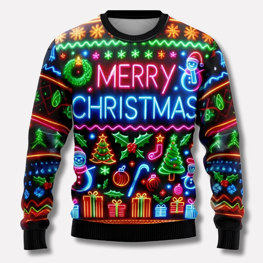 Vivid Fluorescent Festive Jumper for Men and Women, Deer and Snow Design with Crew Neckline