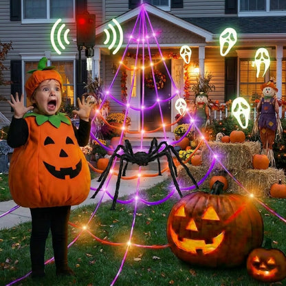 Sensor Triggered Spider Web Lights with 150 Purple LEDs and Eerie Sounds for Gutters and Lawns