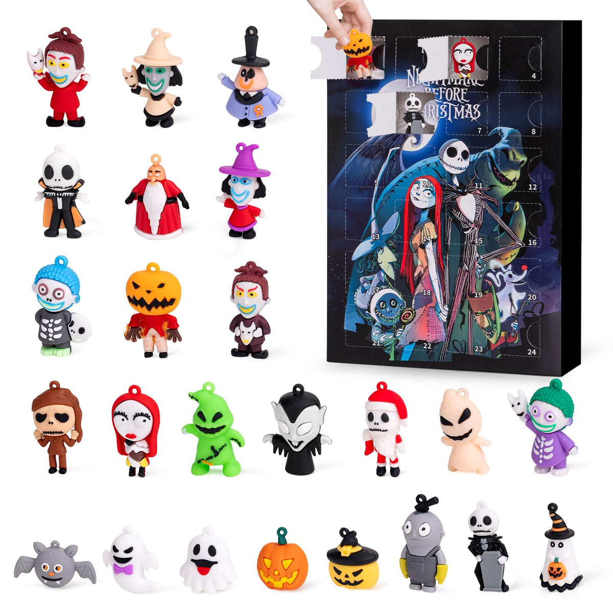Holiday Figure Advent Box with 24 Small Plastic Collectibles in a Red, Black or Blue Box