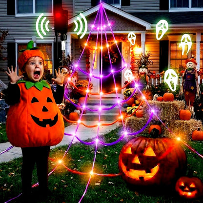 Sensor Triggered Spider Web Lights with 150 Purple LEDs and Eerie Sounds for Gutters and Lawns