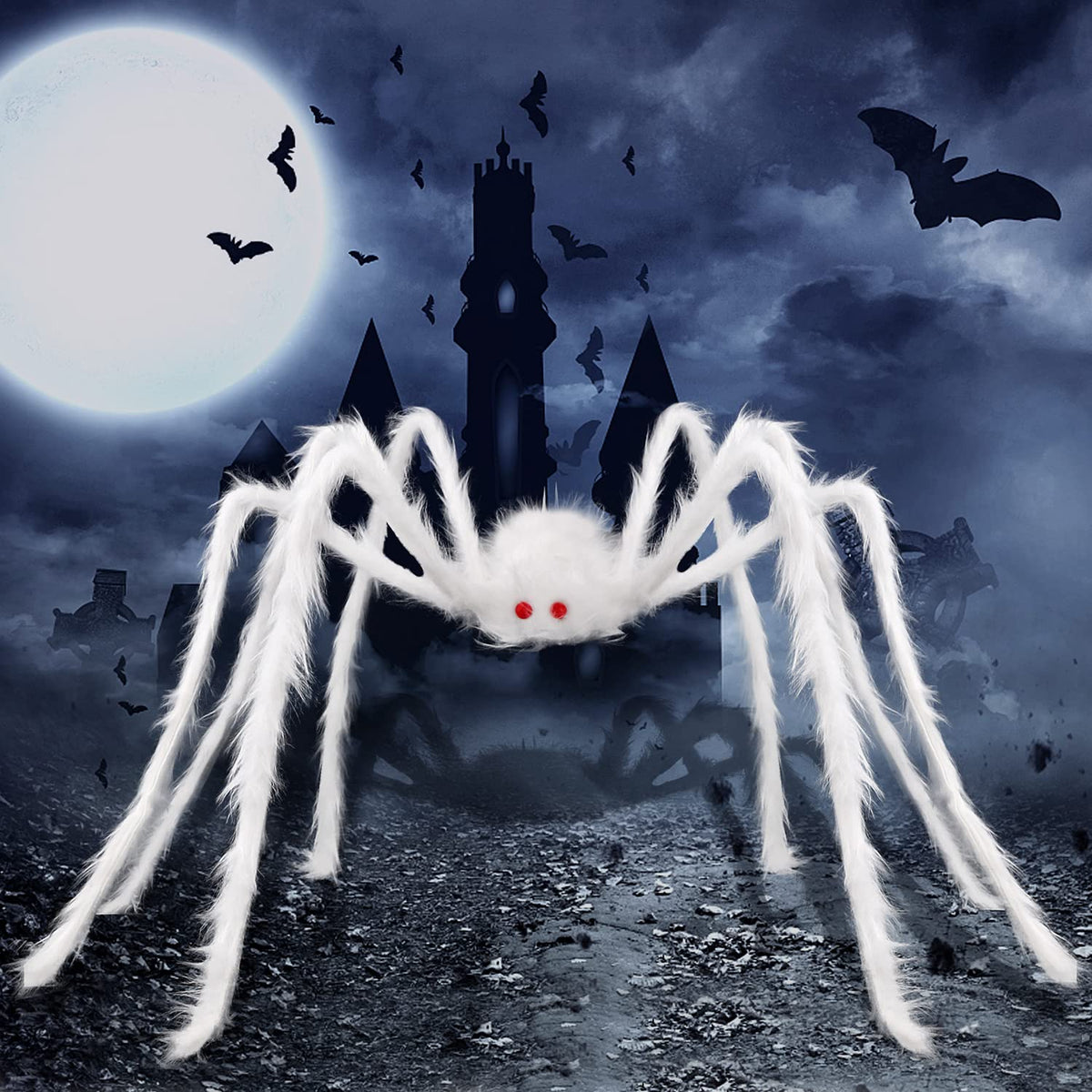 Poseable Hairy Spider Trio with 12 Foot Web for Halloween Doorways Hedges and Rails in Black Or White