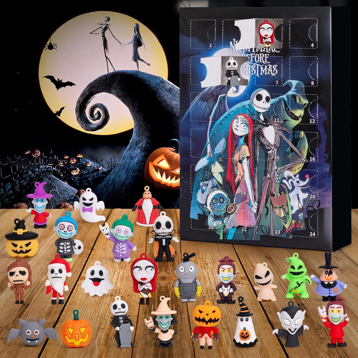 Holiday Figure Advent Box with 24 Small Plastic Collectibles in a Red, Black or Blue Box
