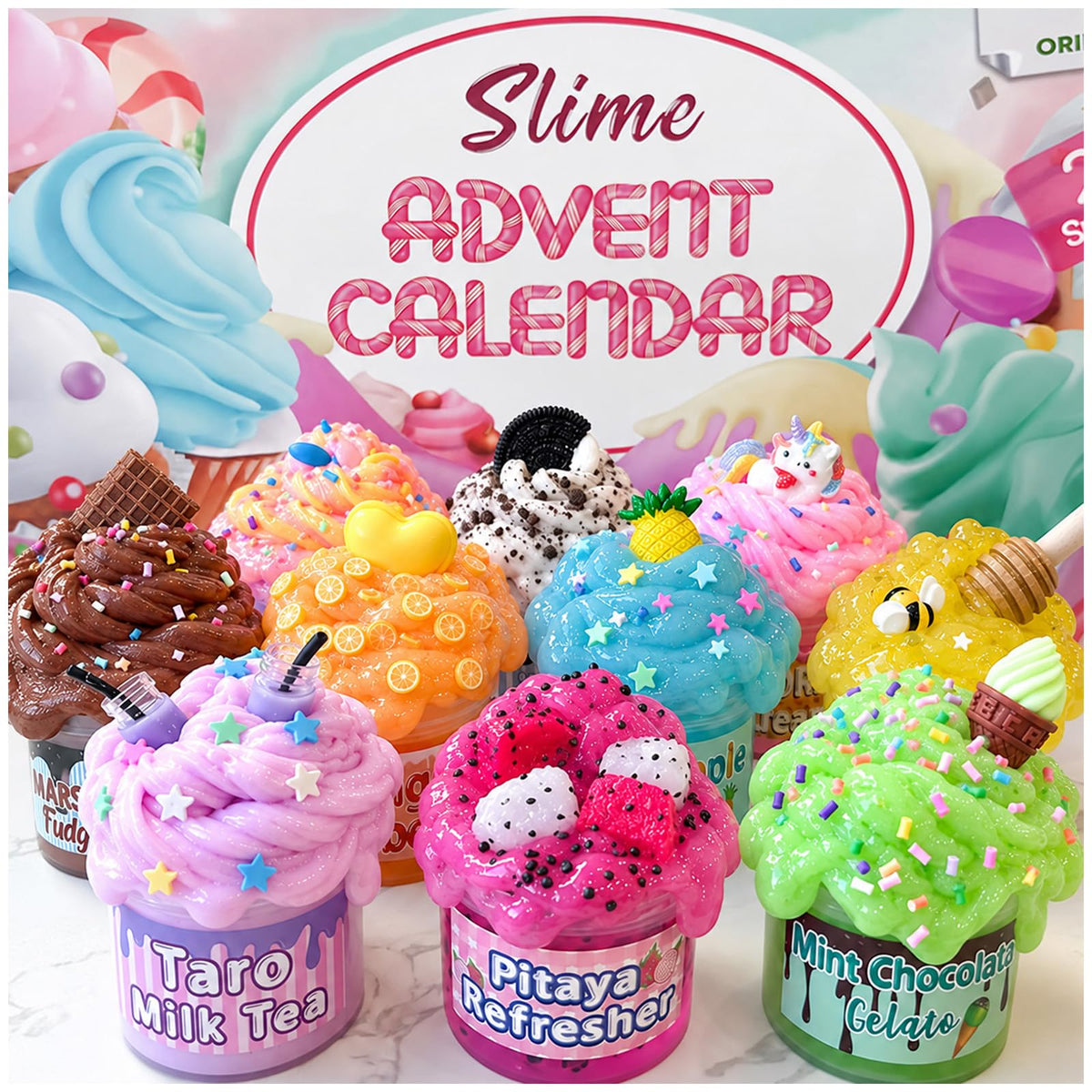 Pink Holiday Slime Box with 10 Scented Pots, 5 Mix Ins and 16 Charms Behind 24 Numbered Windows