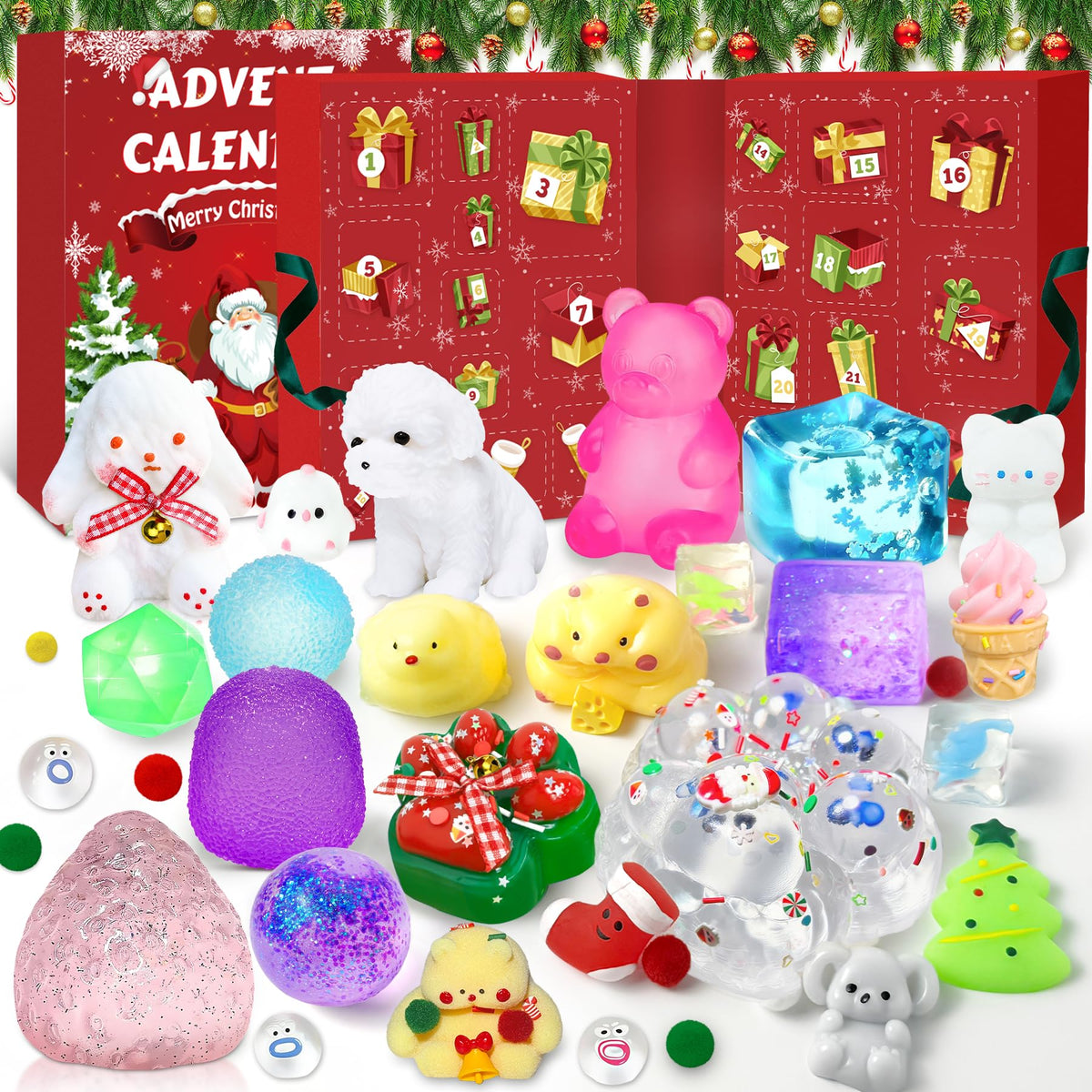 Fold Open Christmas Calendar Box Packed with 24 Different Squishy Toys in Soft Thermoplastic Rubber