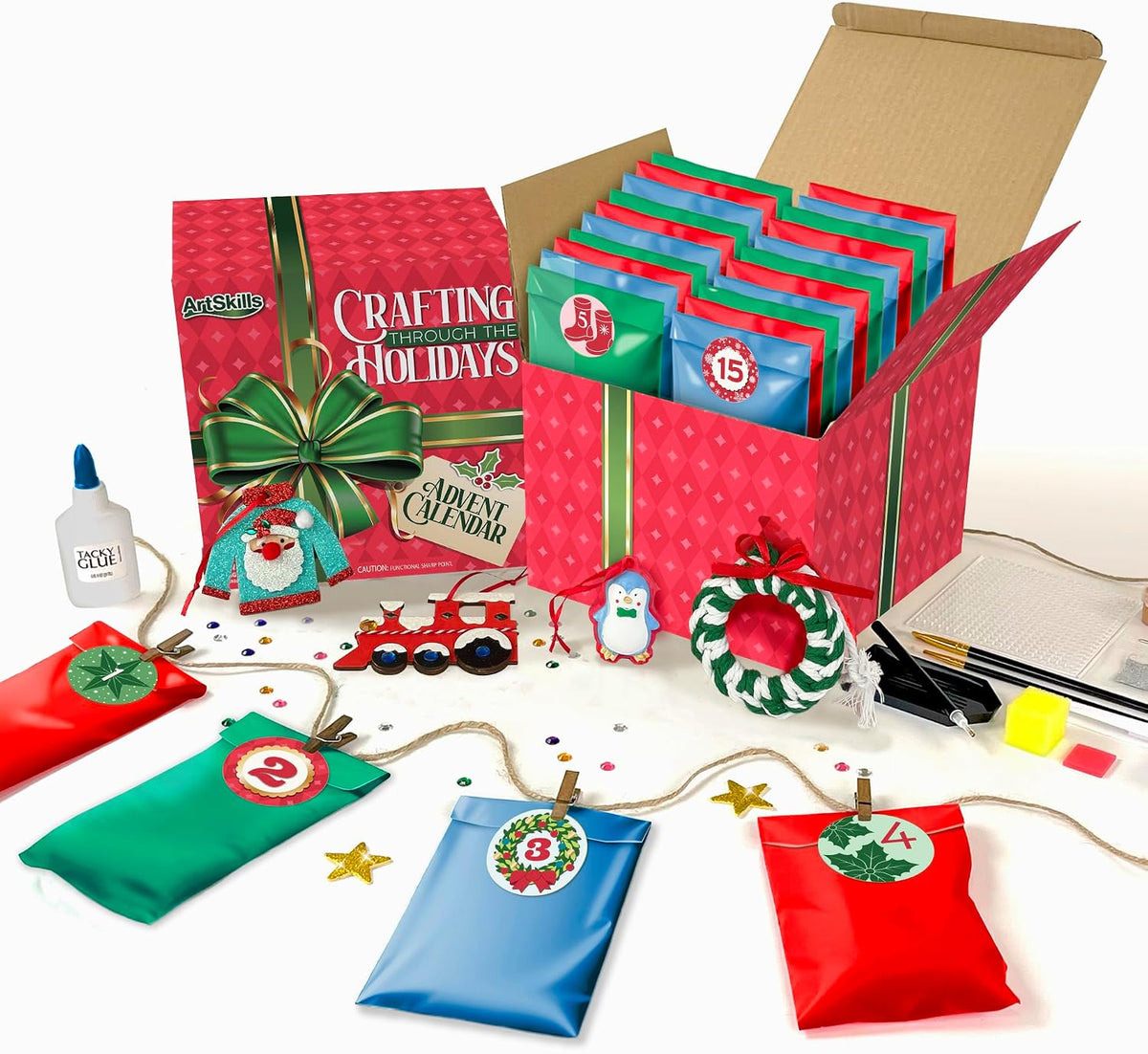 Twenty Five Day Christmas Craft Kit with Diamond Art, Paint by Number and Hangable Ornament Projects