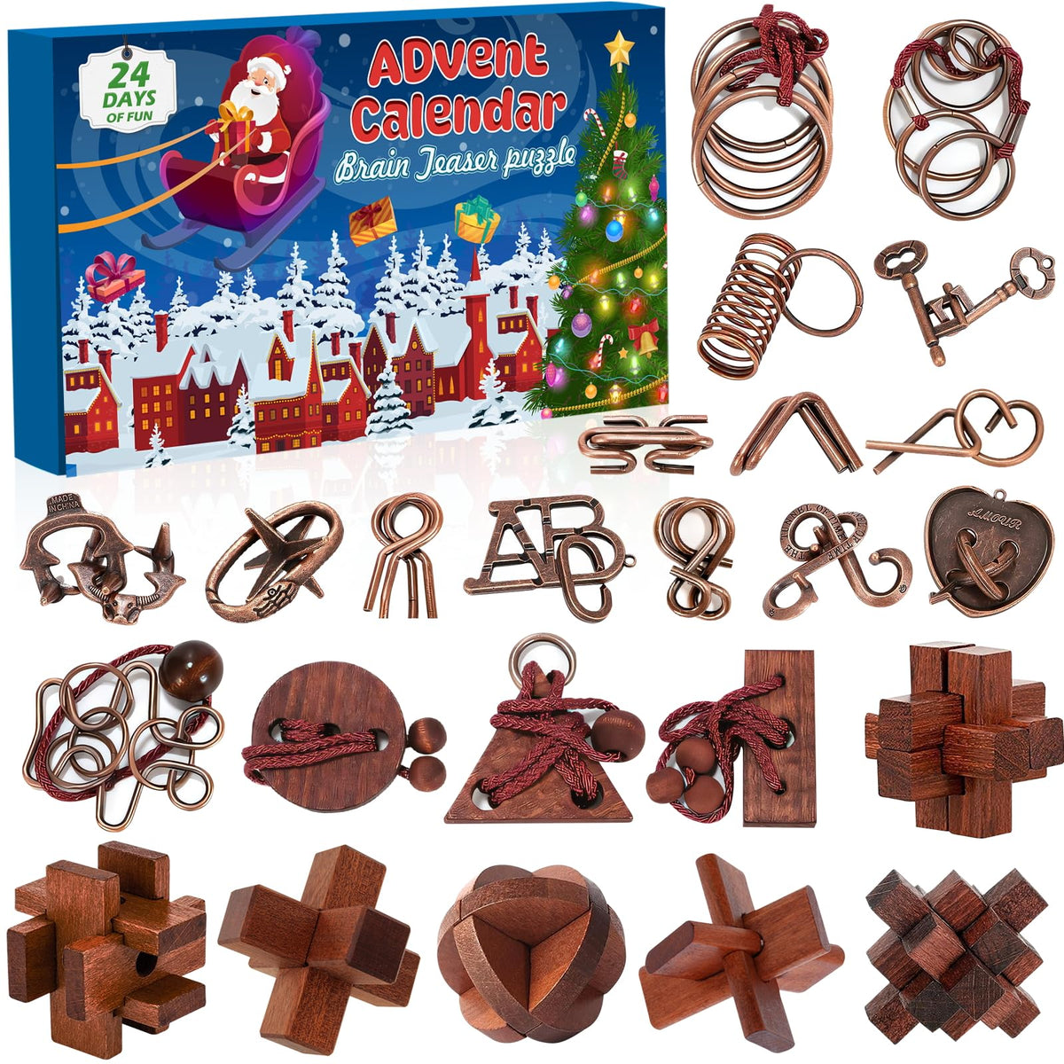 Brain Teaser Advent Box Packing 24 Interlocking Metal Ring and Wooden Block Puzzles for Puzzle Fans of Every Age