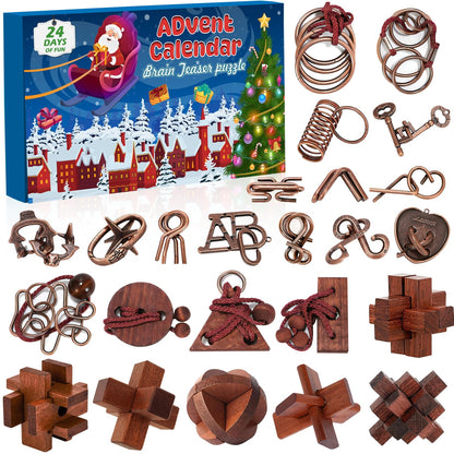 Brain Teaser Advent Box Packing 24 Interlocking Metal Ring and Wooden Block Puzzles for Puzzle Fans of Every Age