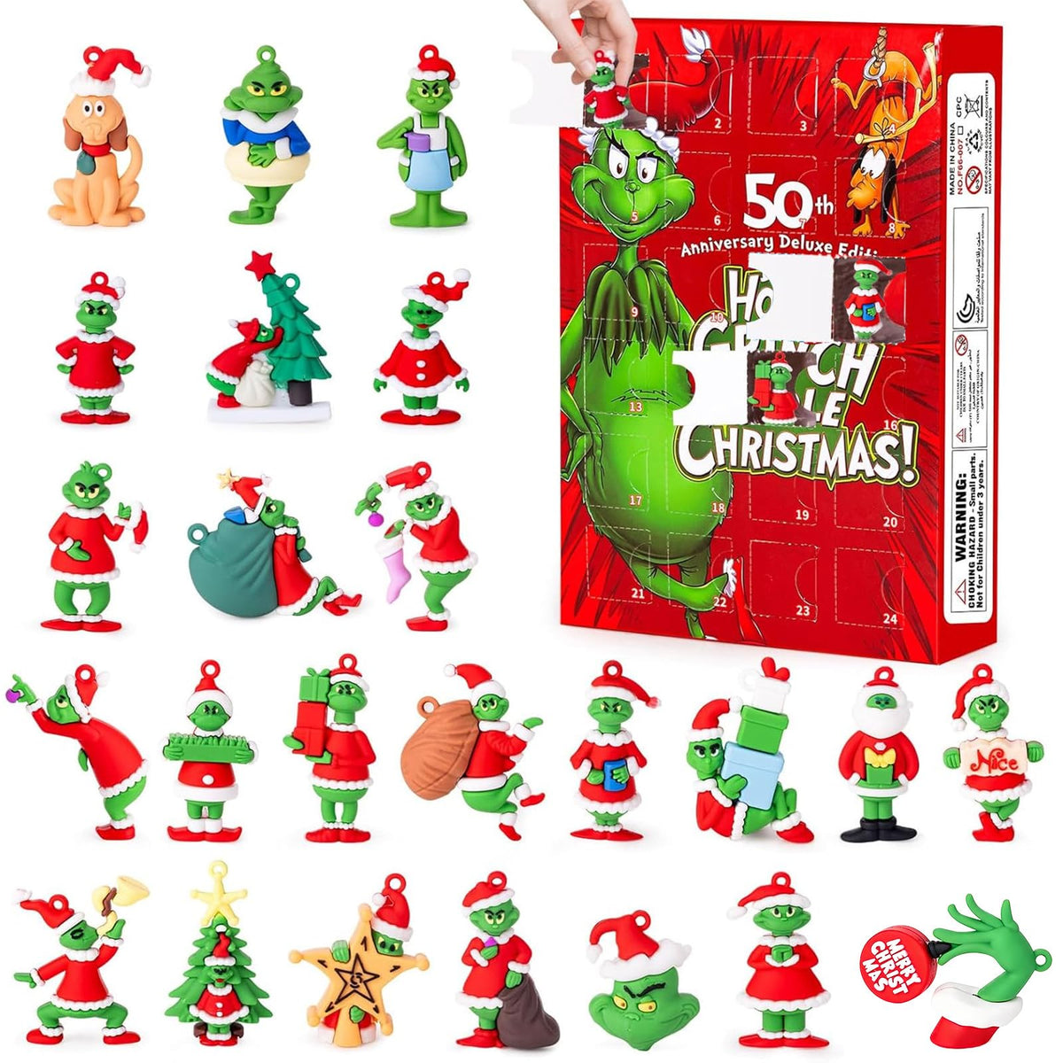 Holiday Figure Advent Box with 24 Small Plastic Collectibles in a Red, Black or Blue Box