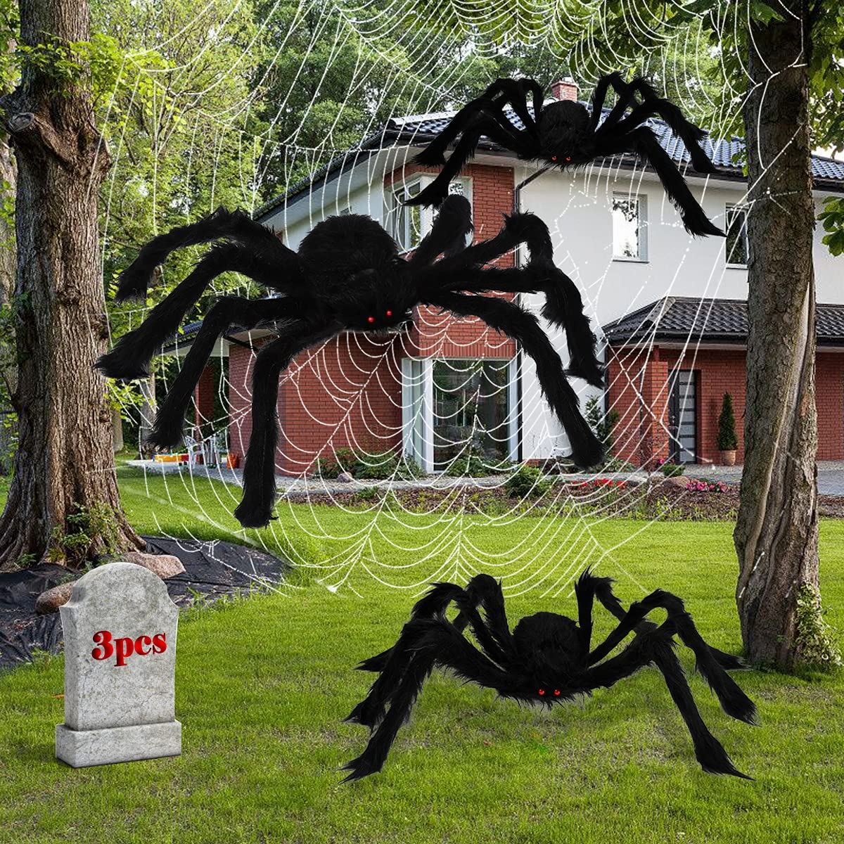 Poseable Hairy Spider Trio with 12 Foot Web for Halloween Doorways Hedges and Rails in Black Or White
