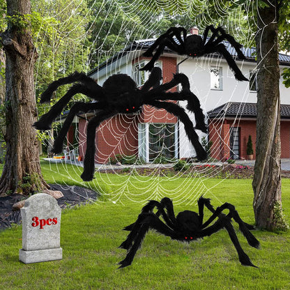 Poseable Hairy Spider Trio with 12 Foot Web for Halloween Doorways Hedges and Rails in Black Or White