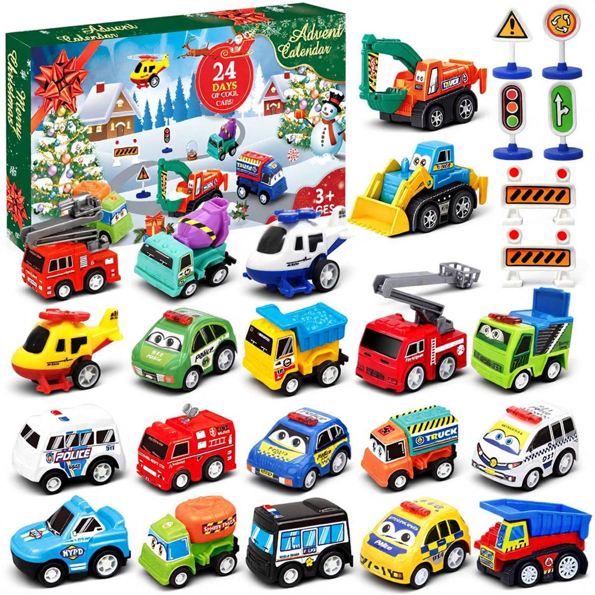 Twenty One Pull Back Cars and Three Road Sign Sets Packed in a Green 24 Window Holiday Countdown Box