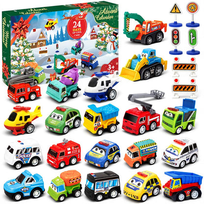Twenty One Pull Back Cars and Three Road Sign Sets Packed in a Green 24 Window Holiday Countdown Box