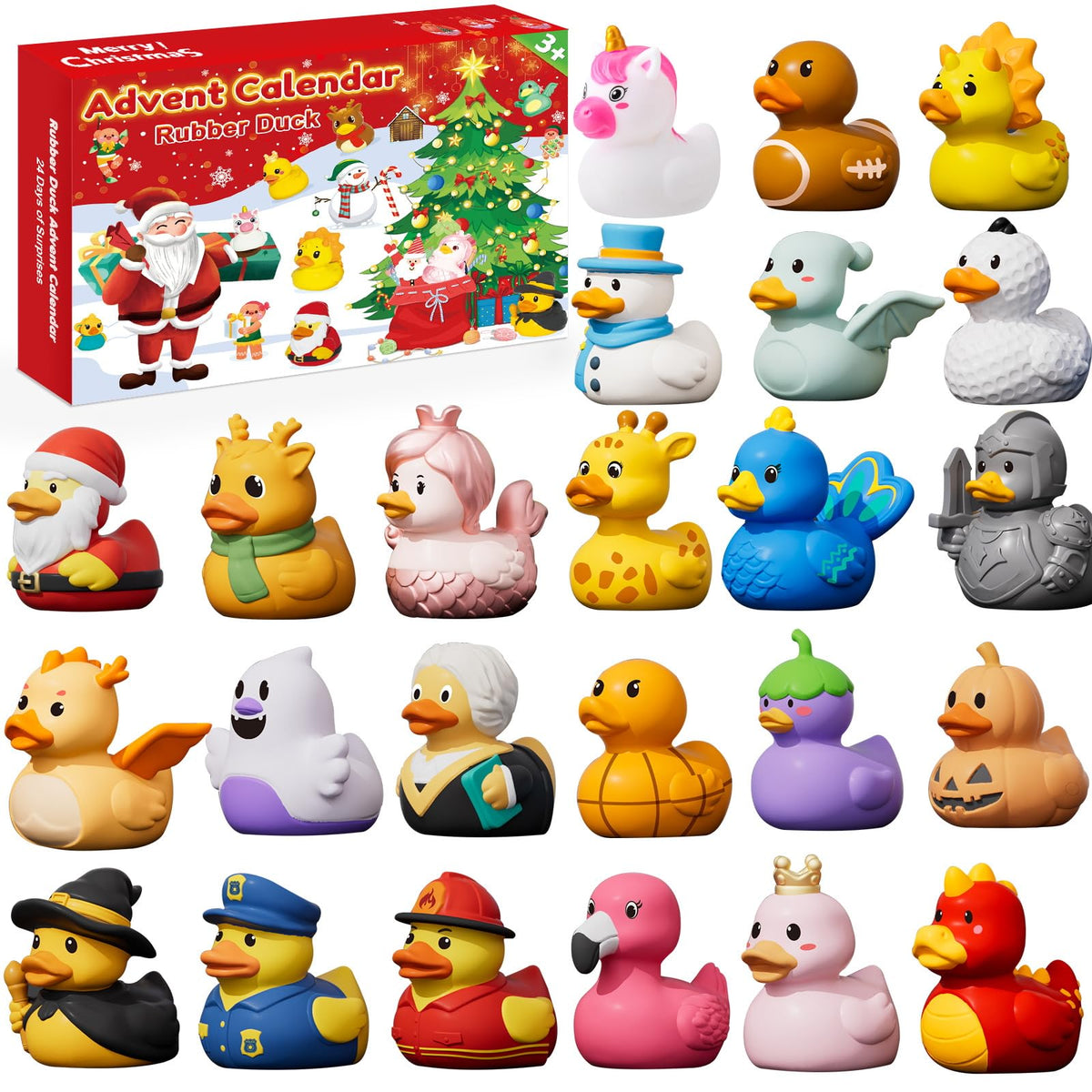 Twenty Four Piece Rubber Duck Holiday Calendar with Santa, Snowman, Unicorn and Elf Costume Ducks