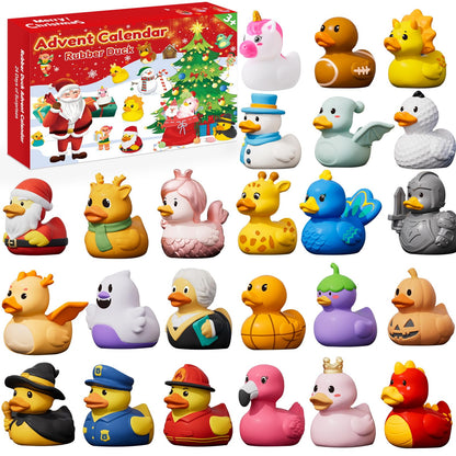 Twenty Four Piece Rubber Duck Holiday Calendar with Santa, Snowman, Unicorn and Elf Costume Ducks