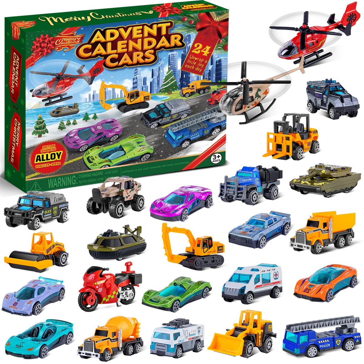 Advent Style Box of 24 Alloy Toy Vehicles Including Race Cars, Tanks and Helicopters with a Play Map
