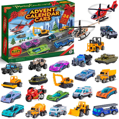 Advent Style Box of 24 Alloy Toy Vehicles Including Race Cars, Tanks and Helicopters with a Play Map