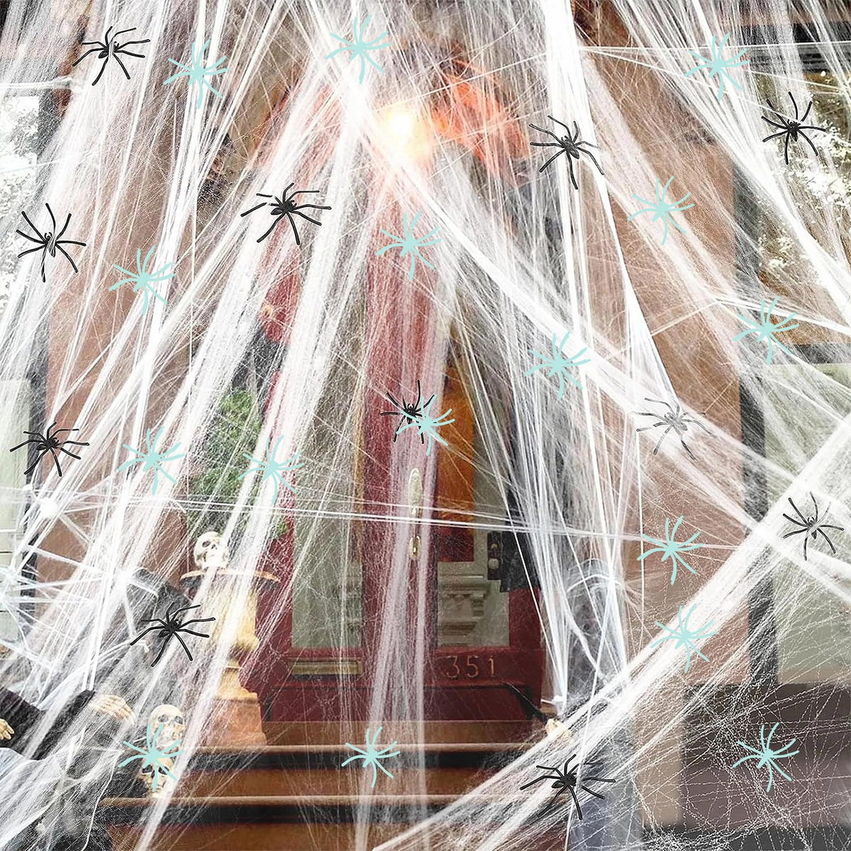Soft Cotton Web with Ten Glowing and Ten Black Spiders for Halloween Doors and Corners