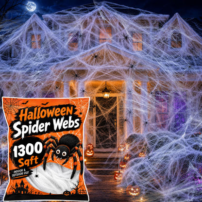 Wispy White Cobweb Bags with 40 Plastic Spiders in Six Coverage Sizes for Hedges Porches and Rooms